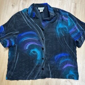 Simply Silk Swirl Print Blouse L Short Sleeves Button Up Womens 100% Silk Artsy